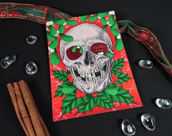 Christmas Skull Art Print - Mistletoe Kisses A5