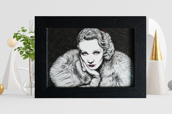 Glampire - Glamorous Vampire - Halloween Portrait - Style Icon - Original Art - Ink - A5 Framed
