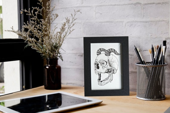 Screaming Skull - Gothic Folklore - Halloween Bones - Fantasy Horror - Original Art - Ink - A5 Framed