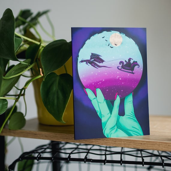 Dragon Christmas Card - Dragon Pulling Santa's Sleigh - Seen Through A Witch's Crystal Ball