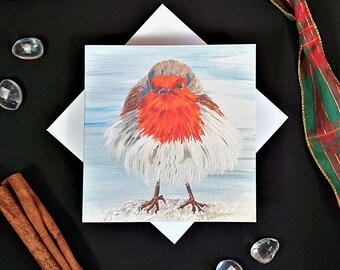 Robin Christmas Card - Fluffy Robin in the Snow - Hand Painted Design