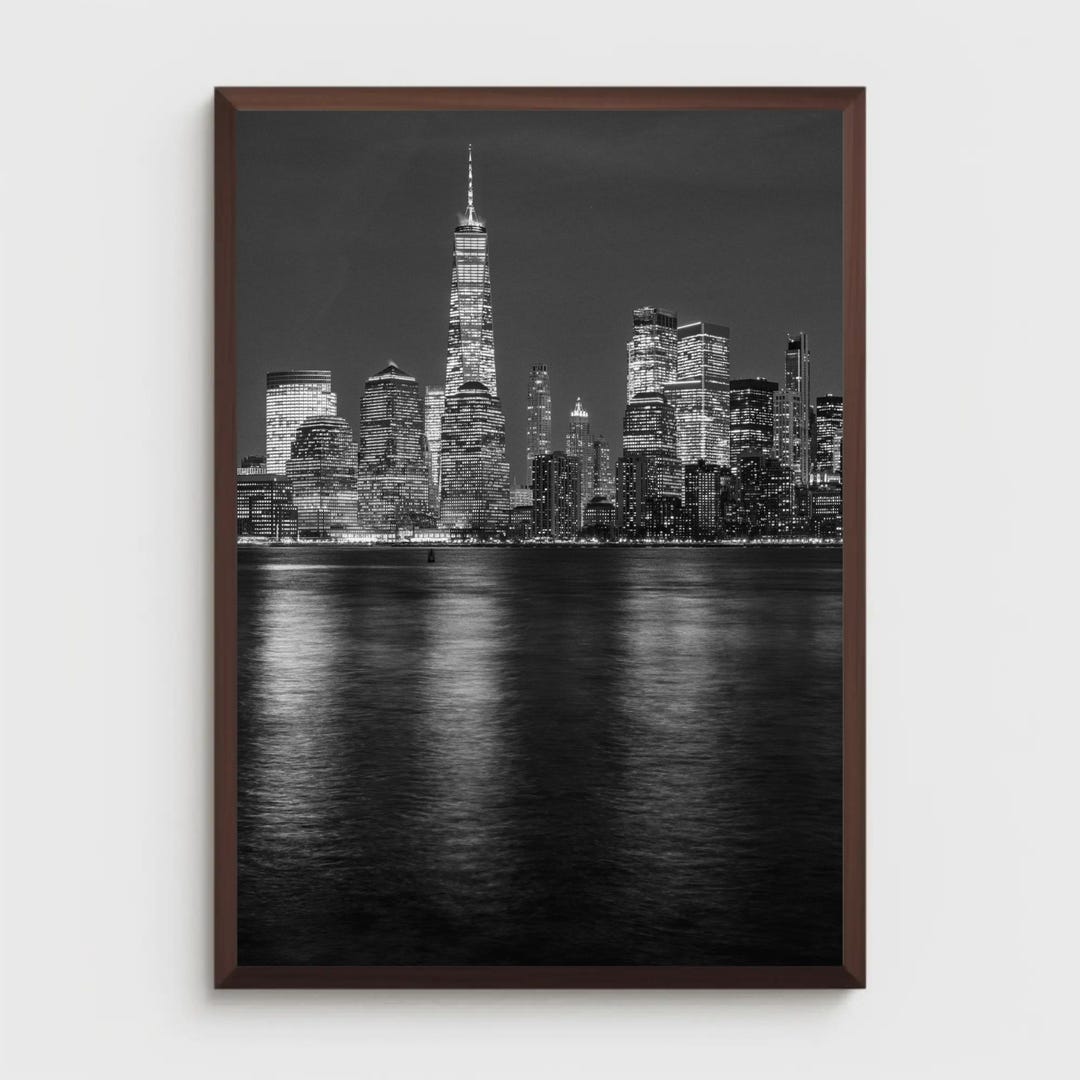 Lower Manhattan Night Skyline Print Black and White New York City ...