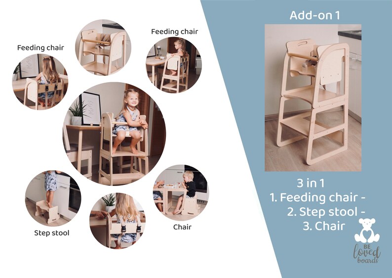 Feeding chair that transforms into a step stool and an extra chair