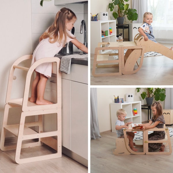 8-in-1 Learning Kitchen Tower: Indoor Slide, High Chair, Black board and More