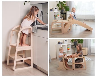 Tower 8 in 1 Learning stool: Indoor Slide, High Chair, Black board and More