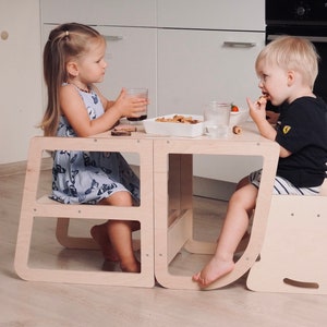 Learning tower and  Feeding chair combo  that transforms into a kids desk  and an extra chair.