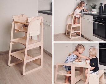 Tour de cuisine 3 en 1 : chaise haute, escabeau, bureau enfant.