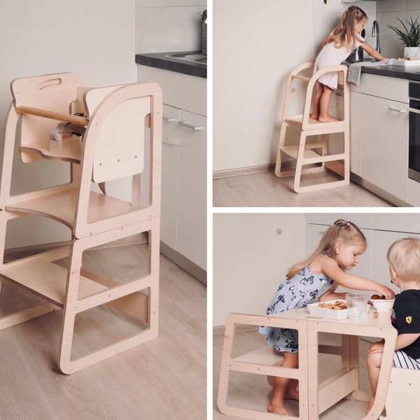 Support de cuisine 3 en 1 : chaise haute, escabeau, bureau pour enfants.