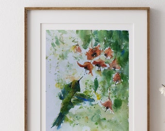 Humming Bird original watercolour painting, impressionist art, wall art bird, nature wall art, large green bird, wildlife wall art, decor