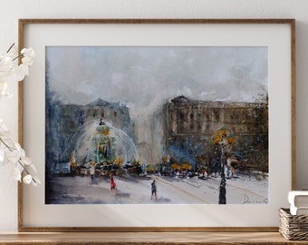 Painting Original Paris, Wall Art Paris, Watercolor Painting Cityscape, Fountain Wall art, France,  Christmas Gift, Gift for son, daughter