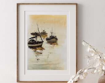Una pintura de acuarela original de barcos con puesta de sol, pintura de barco original del paisaje marino de España, pintura impresionista de barco, pintura de barcos