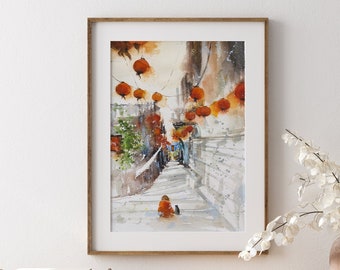 Jiufen Taiwan Original Watercolor Painting with a child and a cat 2, cityscape watercolor,original Taiwan art, gift for him, gift for father