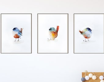 SET of 3 Cute Birds PRINT, watercolour painting by Dawna, limited edition wall art, nursery wall art, dining room wall art, kitchen wall art