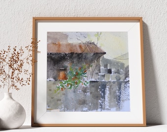Small original cityscape painting of Hanoi Vietnam house, 100 %cotton handmade paper watercolour, Christmas gift, gift for her, for him art