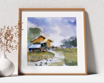 Small original cityscape painting of misty Countryside Japan Pagoda in 100 %cotton handmade paper,Christmas gift, gift for her, gift for him