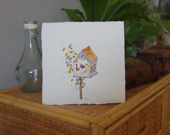 Original Watercolor Painting, Birdhouse Art, Hand-Painted, Square Wall Decor, Nature Lover Gift, Home Decor, Unique Gift by Dawna