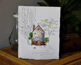 Cute House illustration with cats, ink and watercolor, original animal painting, gift ideas, gift for her, wall art house, cat drawings ink