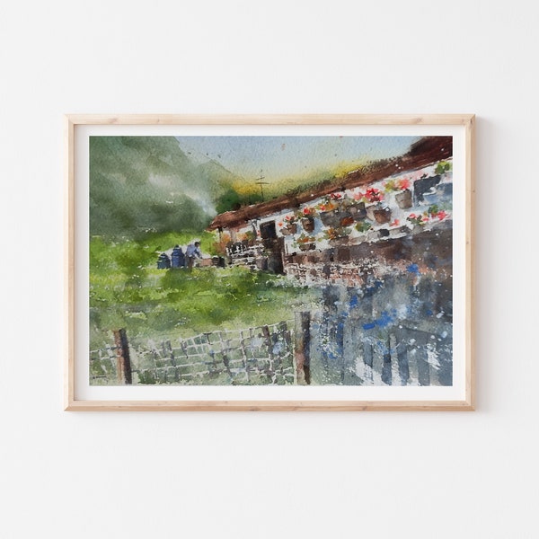 Small painting of Rhone Alps France, Le Bise France with house and flowers in the mountains, contemporary art, small original painting, art