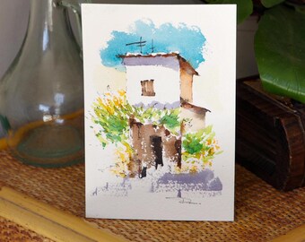 Hand-painted watercolor painting original of South of France 2, Provence wall art, minimalist art, architecture painting, cityscape painting