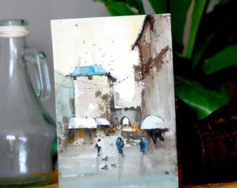 Original Urban Painting of South of France, Watercolor Art, French Countryside, Provence, Mediterranean Landscape, Unique Home Decor