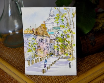 Original watercolor painting of Paris France, Sacre coeur painting, ink and watercolor Paris Painting, small painting, gift for her or him