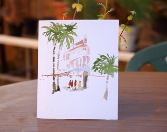 Small Watercolour Painting Valencia, Spain Cityscape,minimalist art, watercolor painting, palm painting, gift ideas, gift for her, Spain art