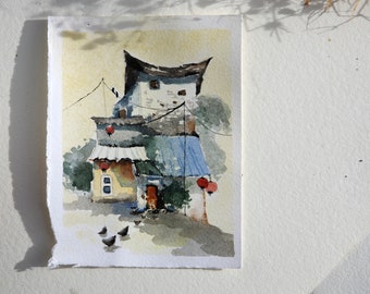 Small original house painting with red lanterns watercolor, impressionist art, Taiwan watercolor painting, Taiwan original art, street art
