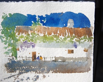 100% handpainted in cotton paper original watercolor painting Spain traditional house, gift idea, minimalist art, postcard Spain, wall art