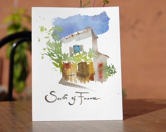 Hand-painted watercolor painting original of South of France, France wall art, minimalist art, architecture painting, cityscape painting art