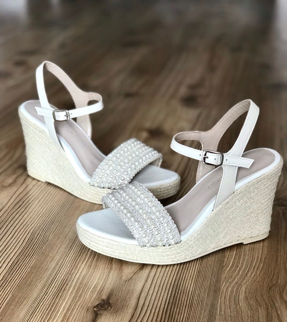White Rhinestone Wedding Wedges Bridal Heels Strappy Sandals For