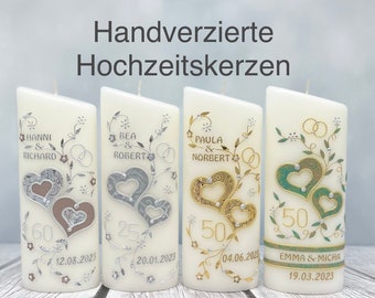 Hochzeitskerze / Geschenke zur Hochzeit/Hochzeitsdeko /Silberhochzeit /goldene Hochzeit / Diamantene Hochzeit mit Herzen inklusive Beschrift