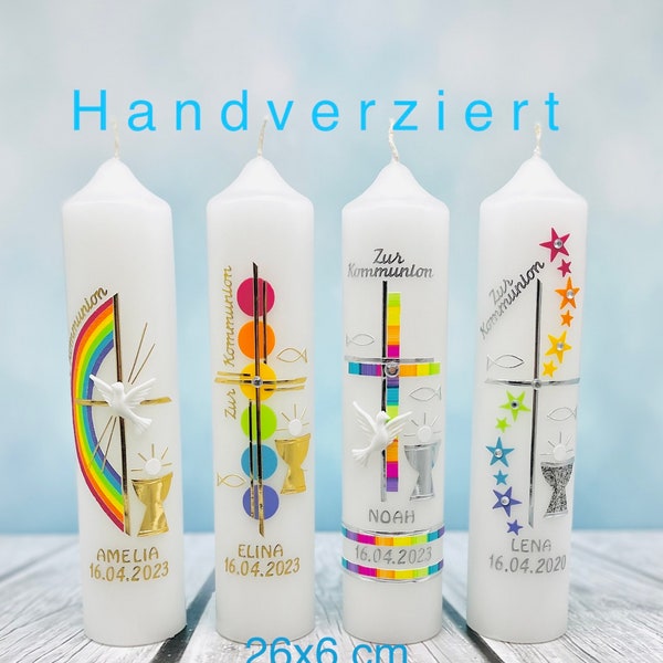 Taufkerze / Taufkerzen für Mädchen & Junge mit Regenbogen und Symbole inkl. Beschriftung