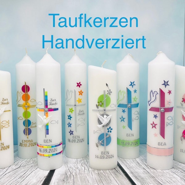 Taufkerze / Taufkerzen für Mädchen & Junge mit Regenbogen und Symbole inkl. Beschriftung