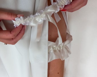Set of bridal garter. White satin bridal lingerie