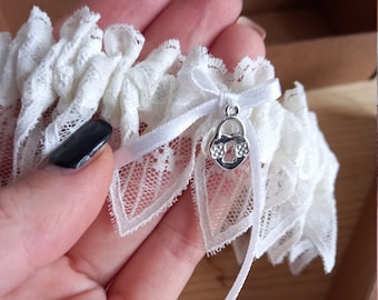 Bridal garter, with heart lock, white lace garter, bachelorette party gift