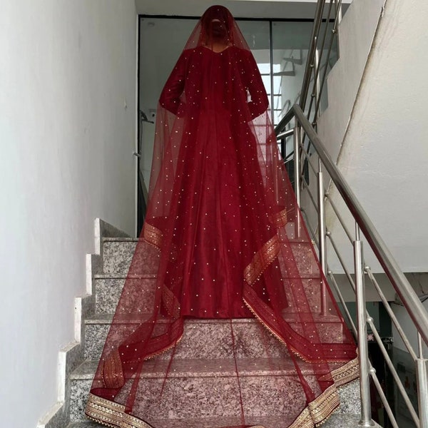 Bridal Queen Maroon Trail Net Stone Embroidered Net Dupatta