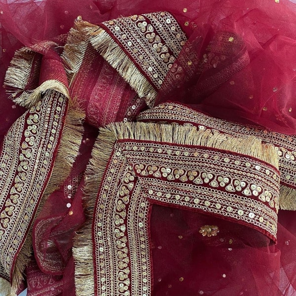 Bridal Queen Maroon Stone Embroidered Fringed Net Dupatta