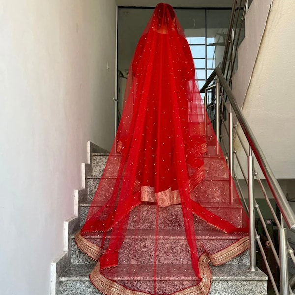 Bridal Queen Red Trail Net Stone Embroidered Net Dupatta