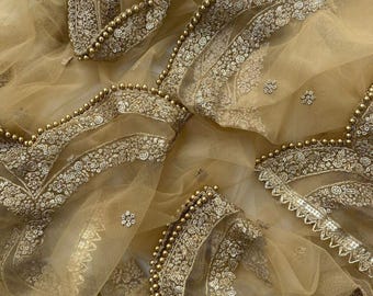 Gold Sequin Zari Scalloped Net Dupatta