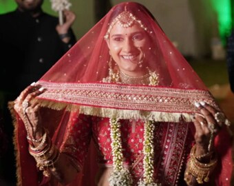 Bridal Queen Red Stone Embroidered Fringed Net Double Second Dupatta for Wedding Outfit Lehenga Chunni Sagan Nikaah Mehendi Indian Odhni