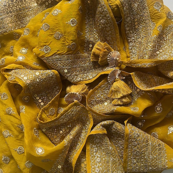 Yellow Embellished Silk Dupatta main image 0
