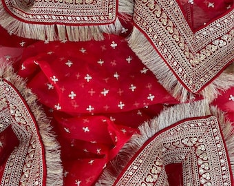 Bridal Pakeeza Red Embroidered Fringed Organza Double Second Dupatta for Wedding Outfit Lehenga Chunni Sagan Nikaah Mehendi Indian Odhni