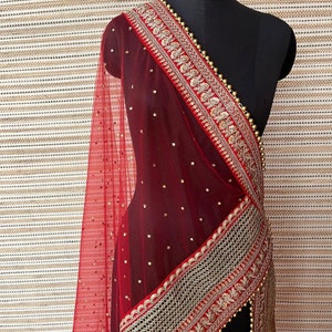 Red Embellished Dupatta with Beads and Stones main image 1