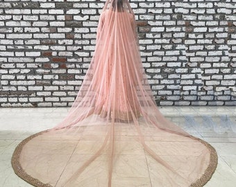 Bridal Dusty Pink Jewel Embroidered Trail Net Dupatta for Wedding Outfit Lehenga Chunni Ceremony Sagan Nikaah Mehendi Indian Odhni
