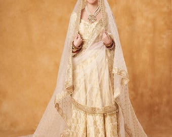 Bridal Ivory Zari Embroidered Trail Organza Stone Veil