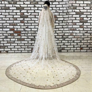 Bridal Heer Ivory Zari Embroidered Trail Net Stone Second Dupatta for Wedding Outfit Lehenga Chunni Ceremony Sagan Nikaah Mehendi Odhni