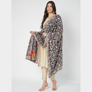 Navy Blue Embroidered Parsi Gara Georgette Multicolor Thread Work Dupatta
