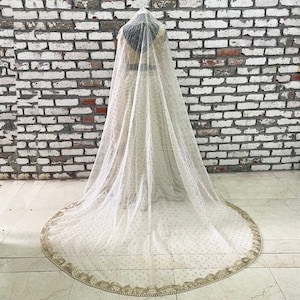 Bridal Ivory Zari Embroidered Trail Organza Stone Double Second Dupatta for Wedding Outfit Lehenga Chunni Sagan Nikaah Mehendi Indian Odhni