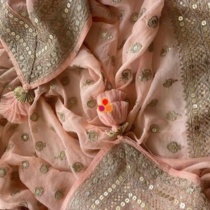 Glamour Baby Pink Gold Sequin Georgette Dupatta
