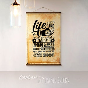 Life is like a Camera, Art Print on Canvas with Frame Sticks, Hanging Canvas Poster, Inspirational Print